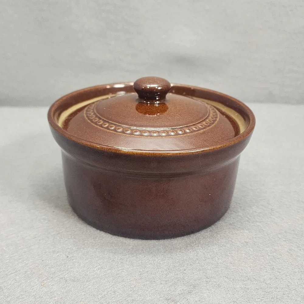 Pearsons of Chesterfield Lidded Crock Brown Beaded Stoneware England Small 5in